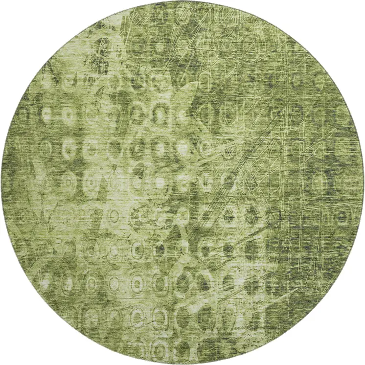 8' Olive Green And Ivory Ikat Washable Round Rug With UV Protection