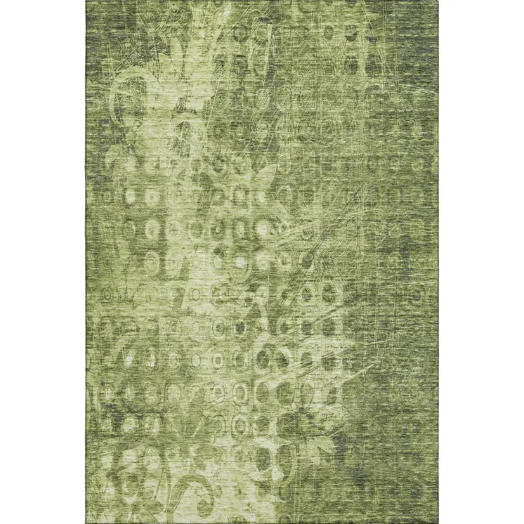 9' X 12' Olive Green And Ivory Ikat Washable Area Rug With UV Protection