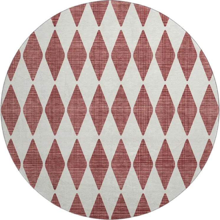 8' Burgundy And Ivory Diamond Washable Round Rug With UV Protection