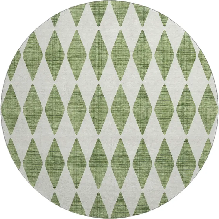 8' Green And Ivory Diamond Washable Round Rug With UV Protection
