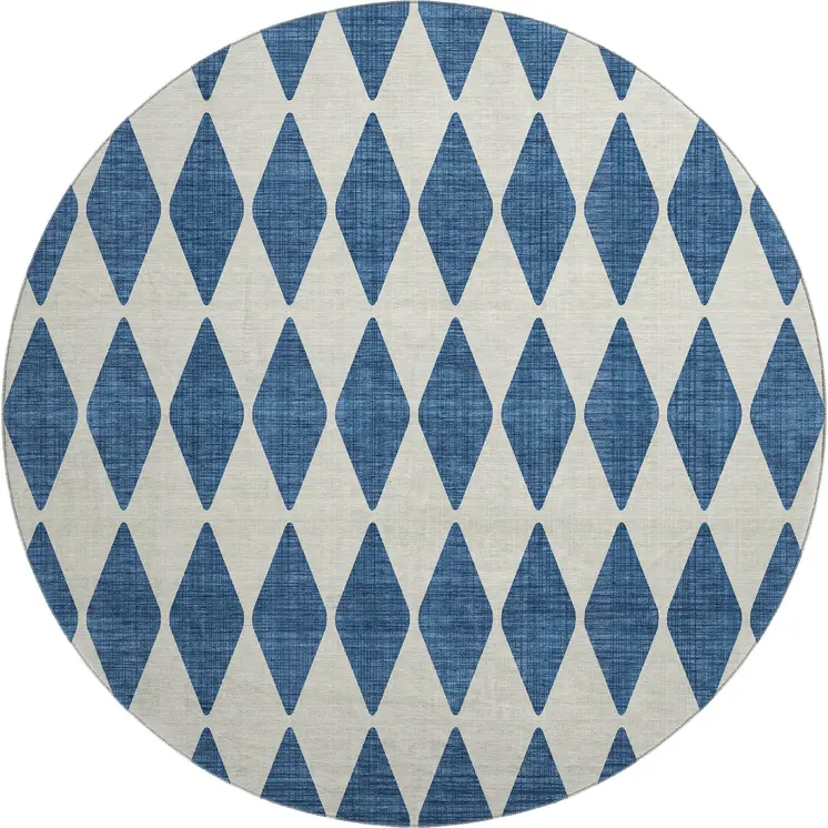 8' Navy Blue And Ivory Diamond Washable Round Rug With UV Protection