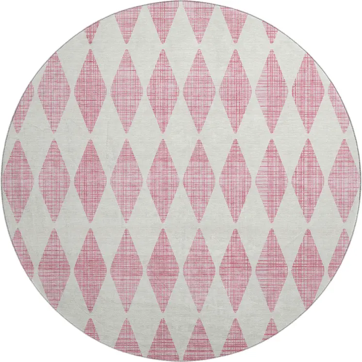 8' Pink And Ivory Diamond Washable Round Rug With UV Protection