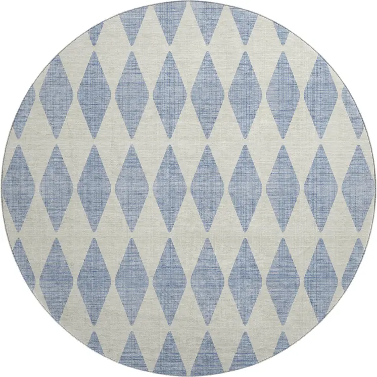 8' Sky Blue And Ivory Diamond Washable Round Rug With UV Protection