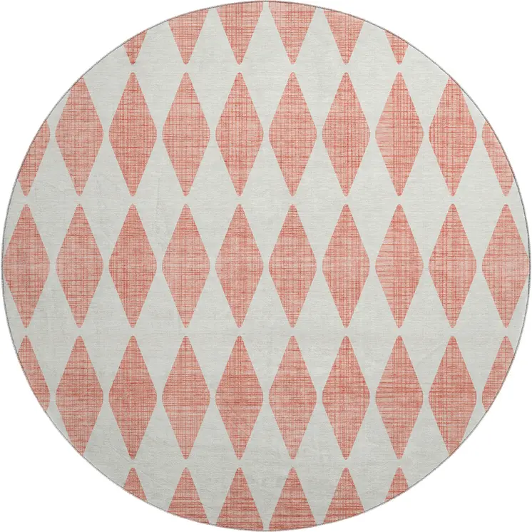 8' Salmon And Ivory Diamond Washable Round Rug With UV Protection
