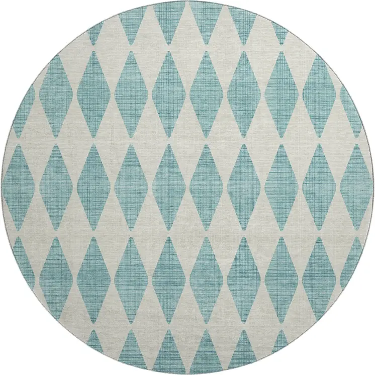 8' Teal And Ivory Diamond Washable Round Rug With UV Protection