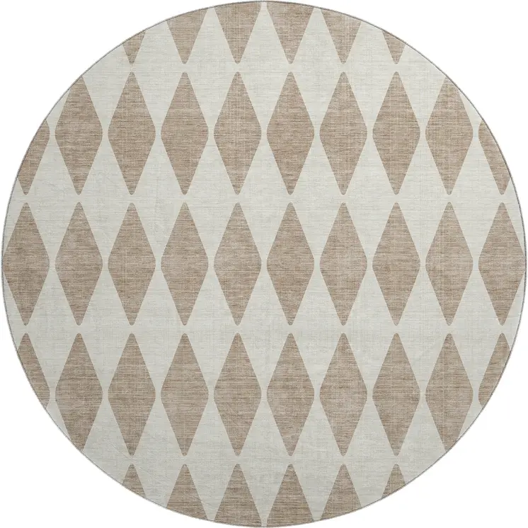 8' Taupe And Ivory Diamond Washable Round Rug With UV Protection