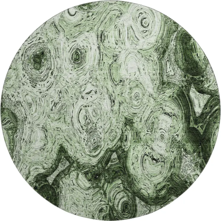8' Green And Charcoal Abstract Washable Round Rug With UV Protection