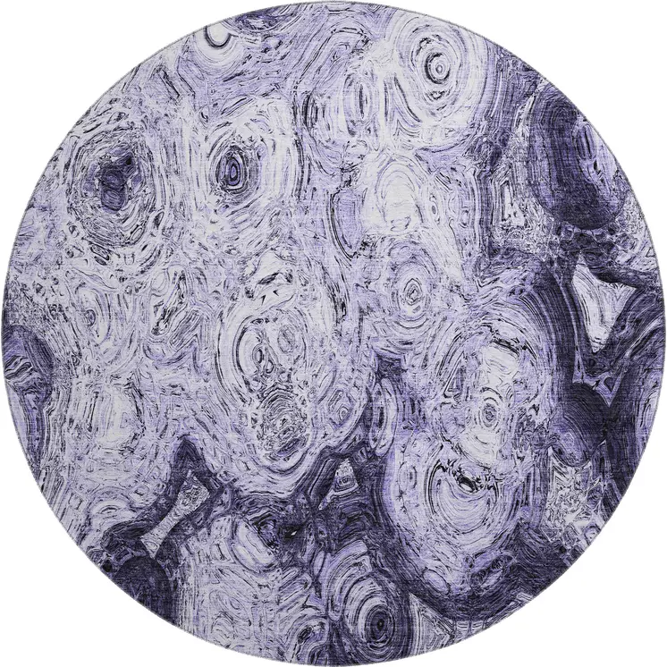 8' Purple And Ivory Abstract Washable Round Rug With UV Protection