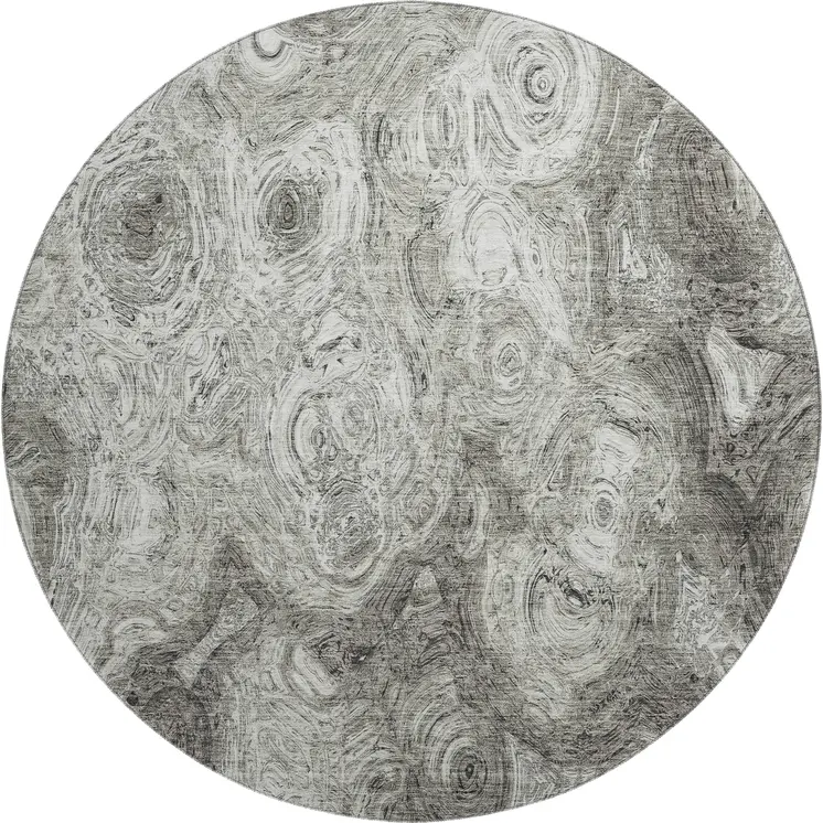 8' Silver And Gray Abstract Washable Round Rug With UV Protection