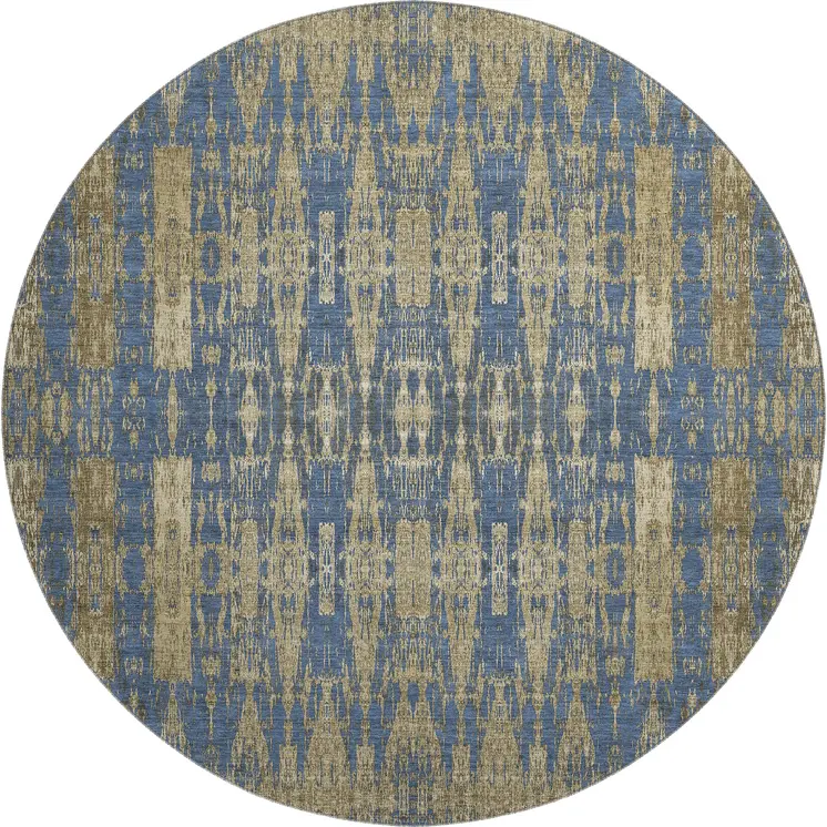 8' Blue And Chocolate Moroccan Washable Round Rug With UV Protection