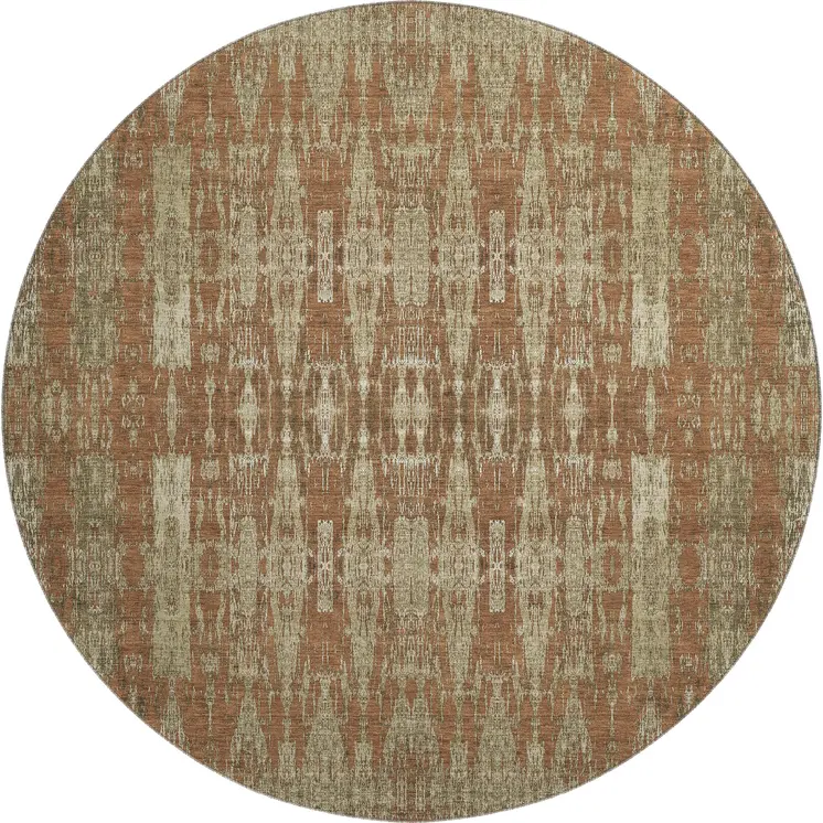 8' Chili Red And Beige Moroccan Washable Round Rug With UV Protection