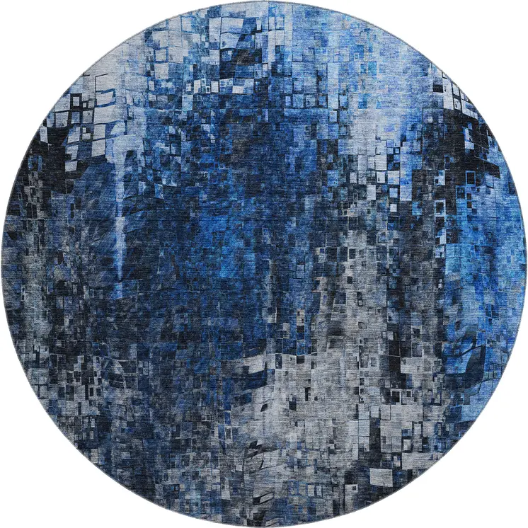8' Blue And Gray Abstract Washable Round Rug With UV Protection