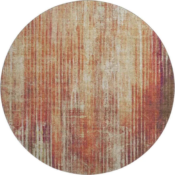 8' Chili Red And Ivory Striped Washable Round Rug With UV Protection