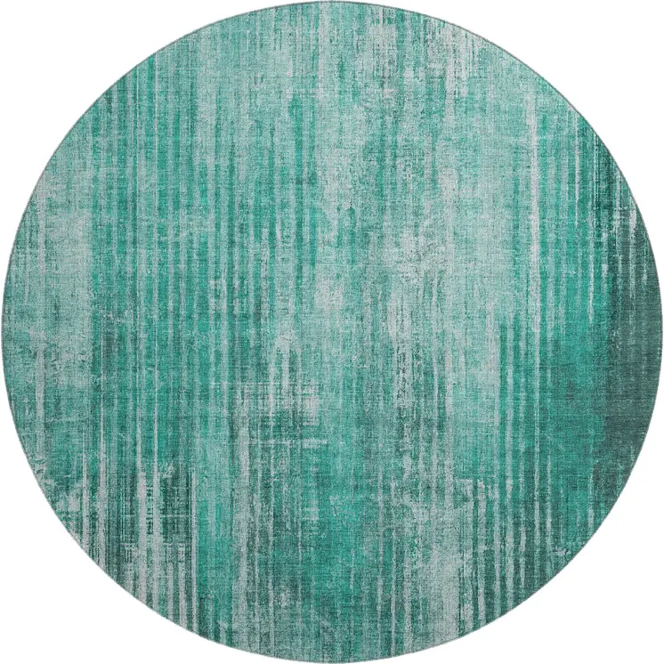 8' Teal And Ivory Striped Washable Round Rug With UV Protection