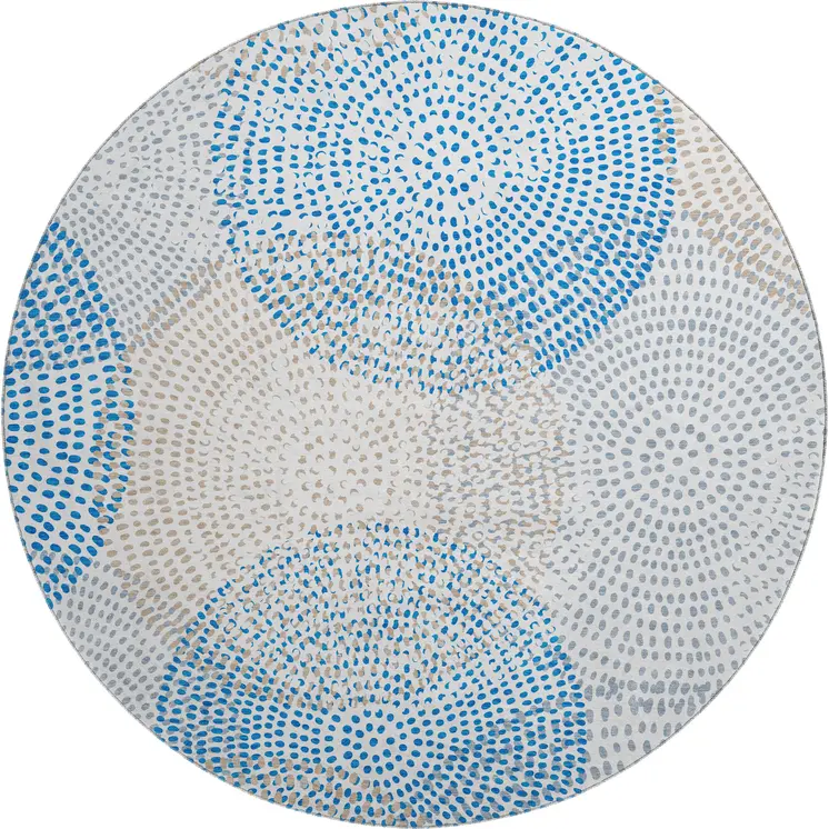 8' Ivory And Blue Abstract Washable Round Rug With UV Protection