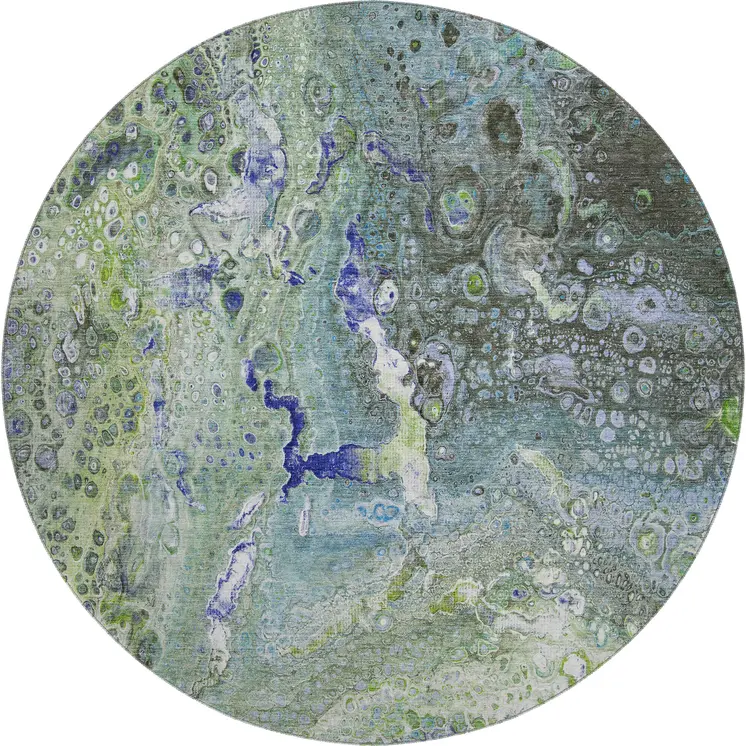 8' Green Blue And Ivory Abstract Washable Round Rug With UV Protection