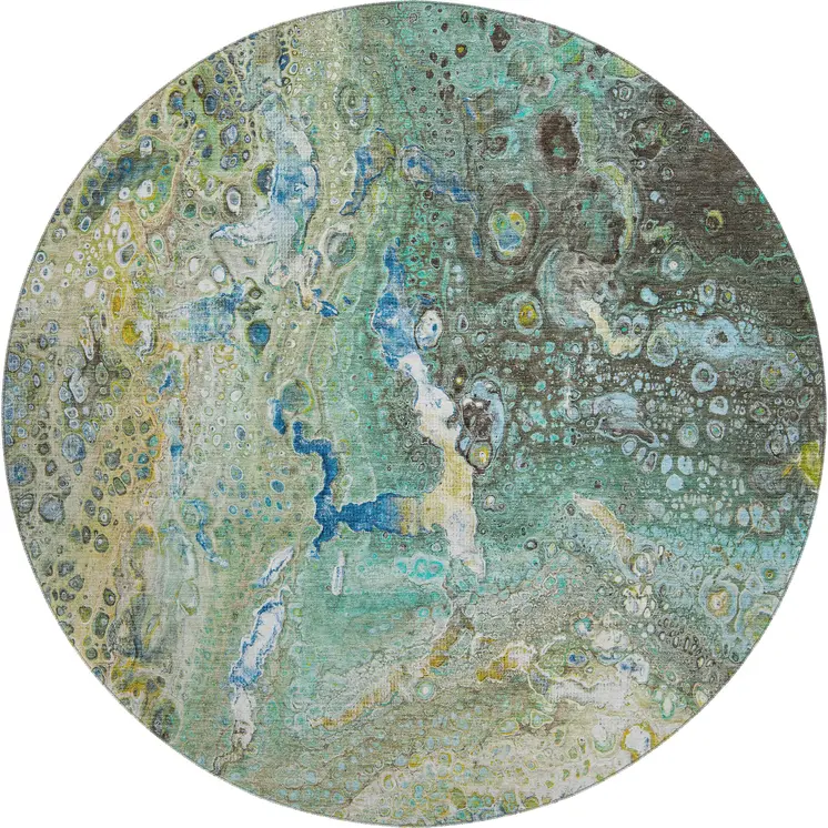 8' Teal Gold And Gray Abstract Washable Round Rug With UV Protection