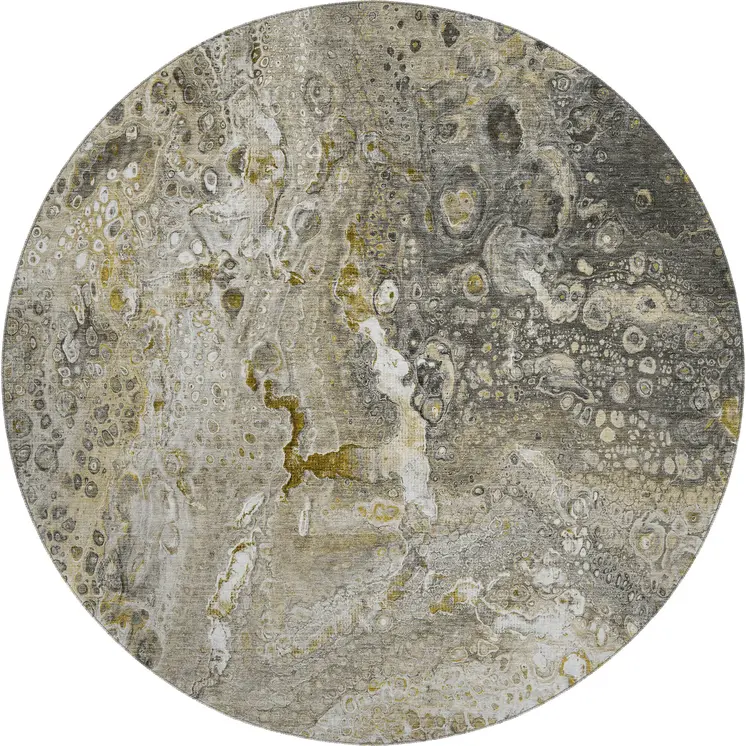 8' Taupe Ivory And Gold Abstract Washable Round Rug With UV Protection