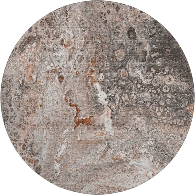 8' Terra Cotta Ivory And Gray Abstract Washable Round Rug With UV Protection