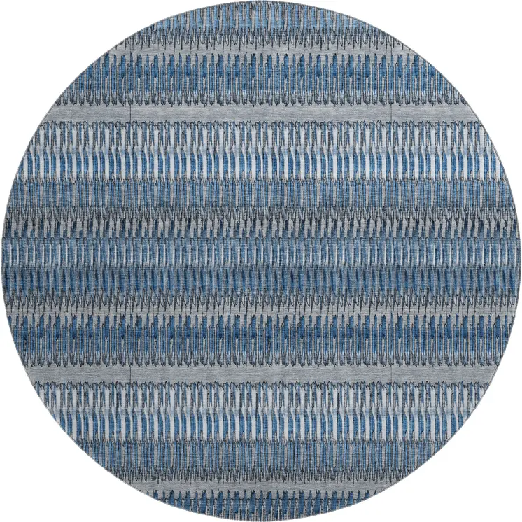 8' Blue And Ivory Striped Washable Round Rug With UV Protection