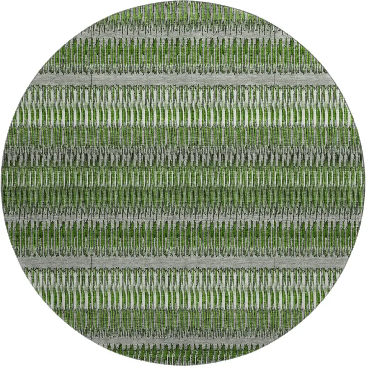 8' Green Ivory And Gray Striped Washable Round Rug With UV Protection