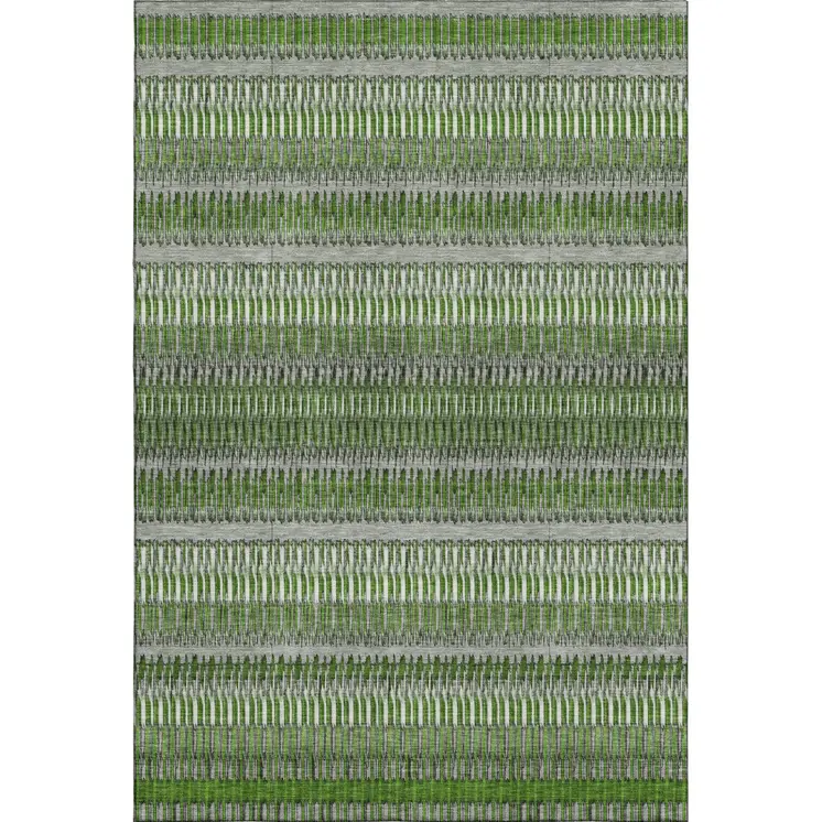8' X 10' Green Ivory And Gray Striped Washable Area Rug With UV Protection