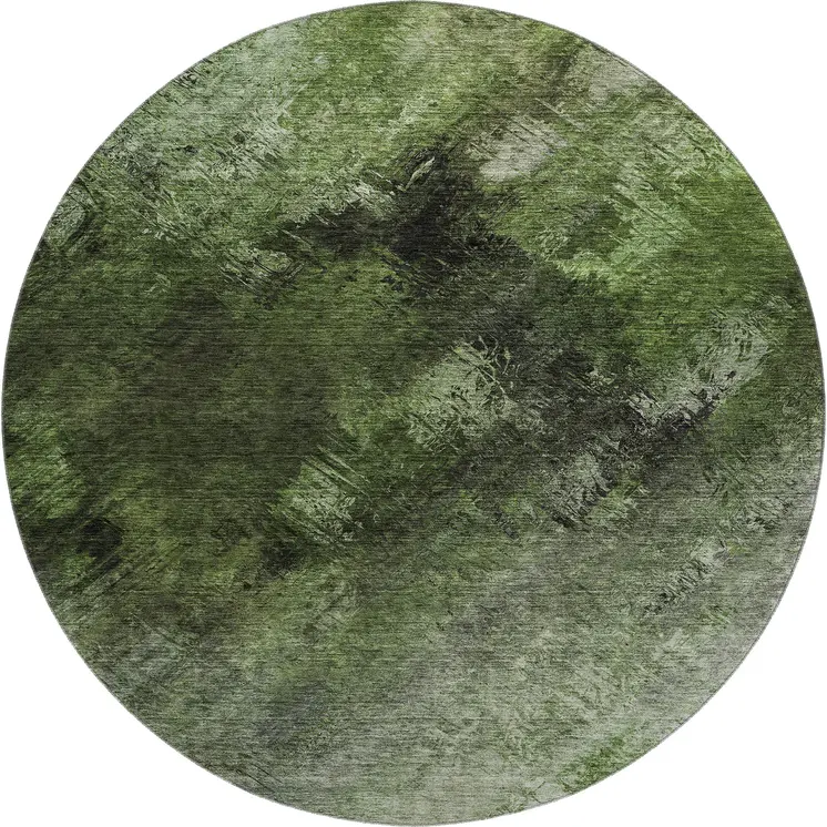 8' Green Gray And Charcoal Abstract Washable Round Rug With UV Protection