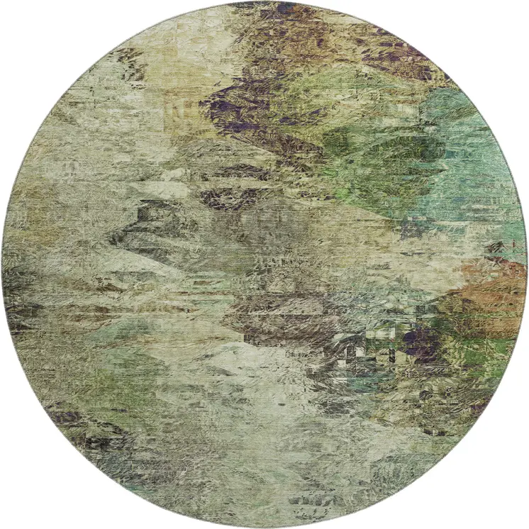8' Beige Teal And Olive Green Abstract Washable Round Rug With UV Protection
