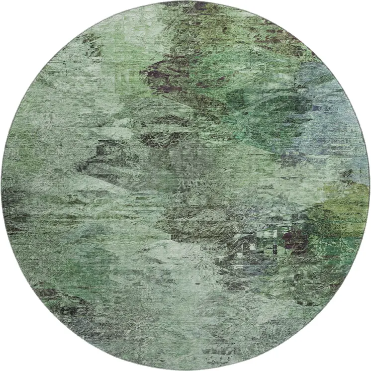 8' Green Brown And Ivory Abstract Washable Round Rug With UV Protection