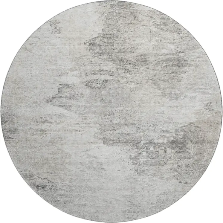 8' Silver And Gray Abstract Washable Round Rug With UV Protection