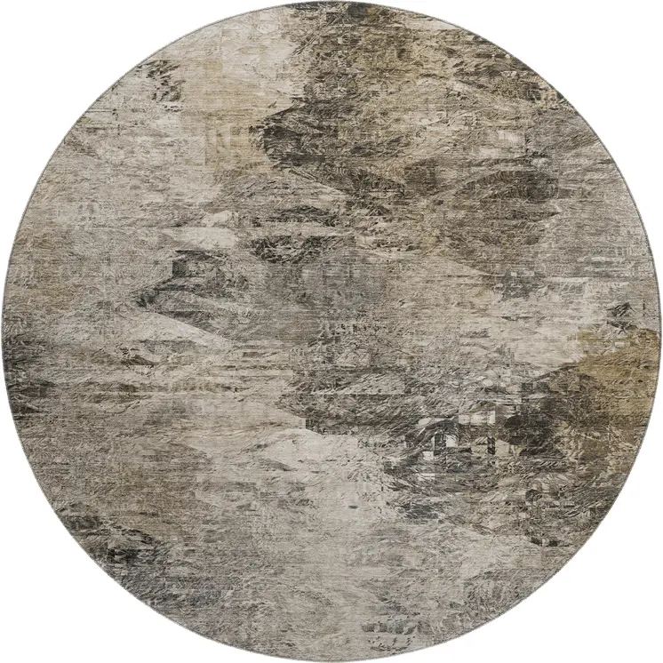 8' Taupe And Gray Abstract Washable Round Rug With UV Protection