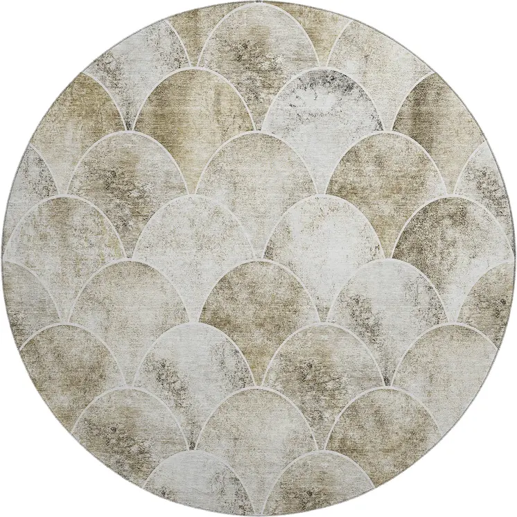 8' Beige Gray And Ivory Abstract Geometric Washable Round Rug With UV Protection