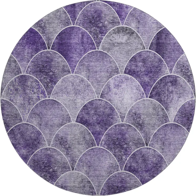 8' Purple And Ivory Abstract Geometric Washable Round Rug With UV Protection