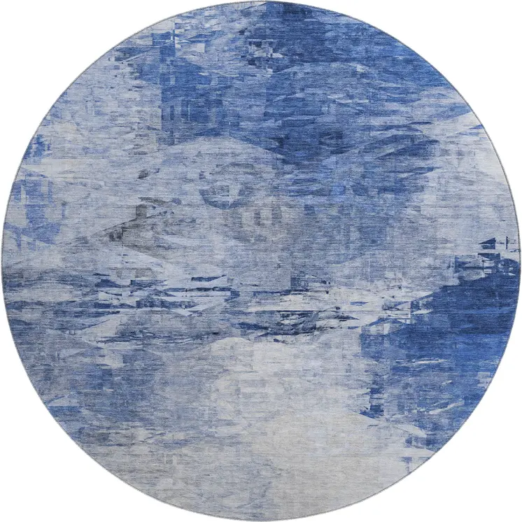 8' Blue And Ivory Abstract Washable Round Rug With UV Protection