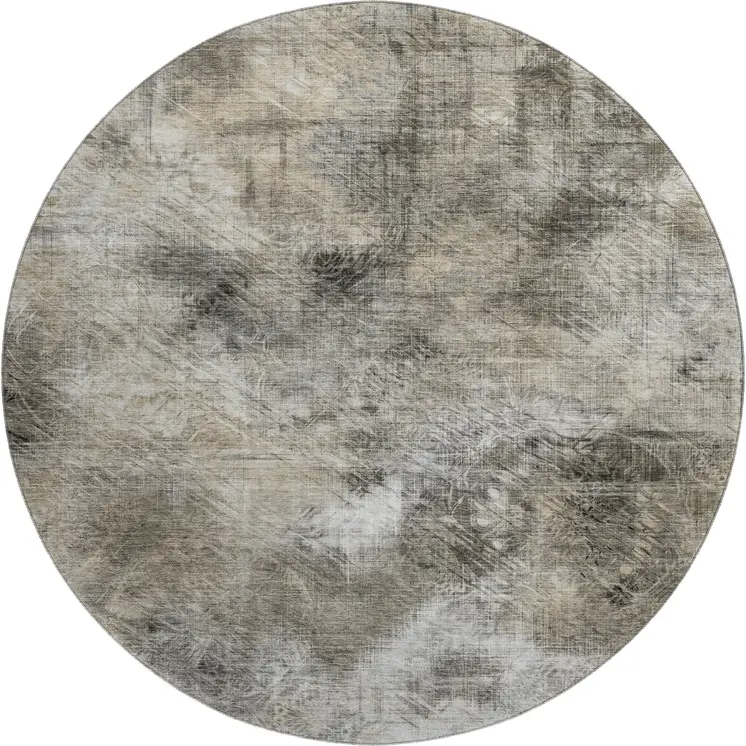8' Beige Gray And Ivory Abstract Washable Round Rug With UV Protection