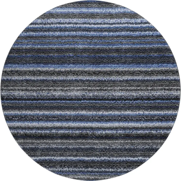 8' Blue And Gray Striped Washable Round Rug With UV Protection