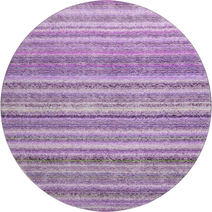 8' Purple And Gray Striped Washable Round Rug With UV Protection