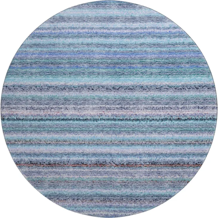 8' Sky Blue And Gray Striped Washable Round Rug With UV Protection