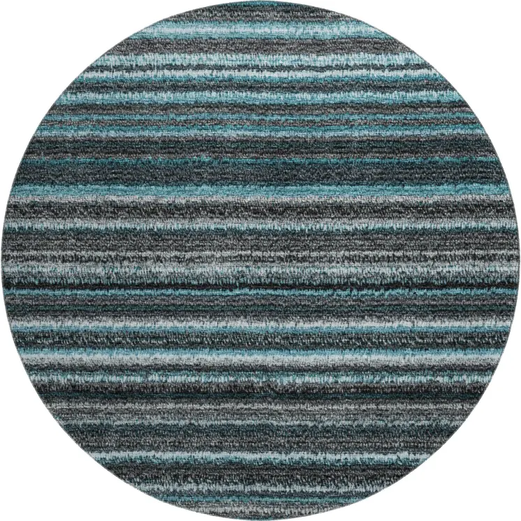 8' Teal And Gray Striped Washable Round Rug With UV Protection