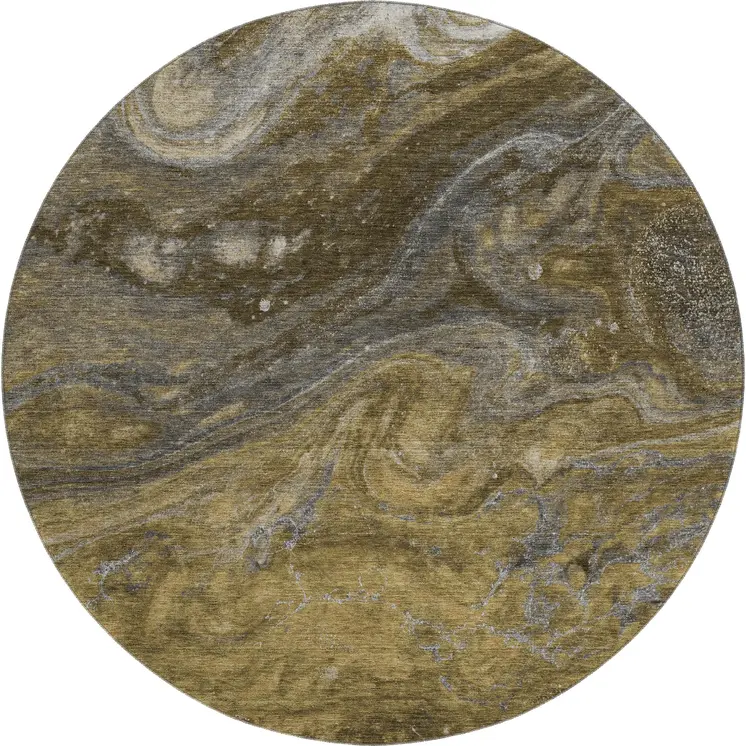 8' Brown Gray And Ivory Abstract Washable Round Rug With UV Protection