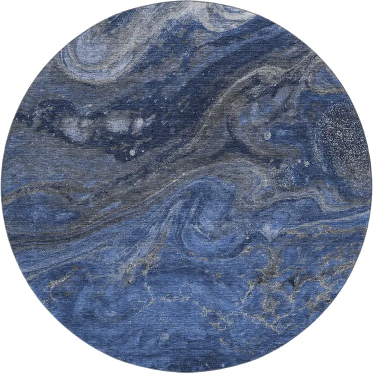 8' Blue Gray And Ivory Abstract Washable Round Rug With UV Protection