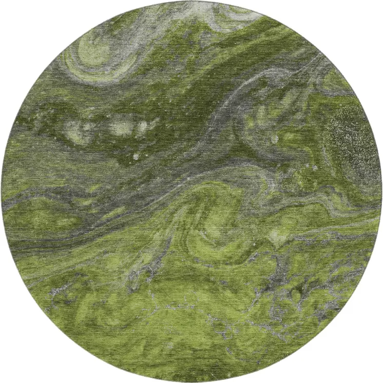 8' Green Gray And Ivory Abstract Washable Round Rug With UV Protection