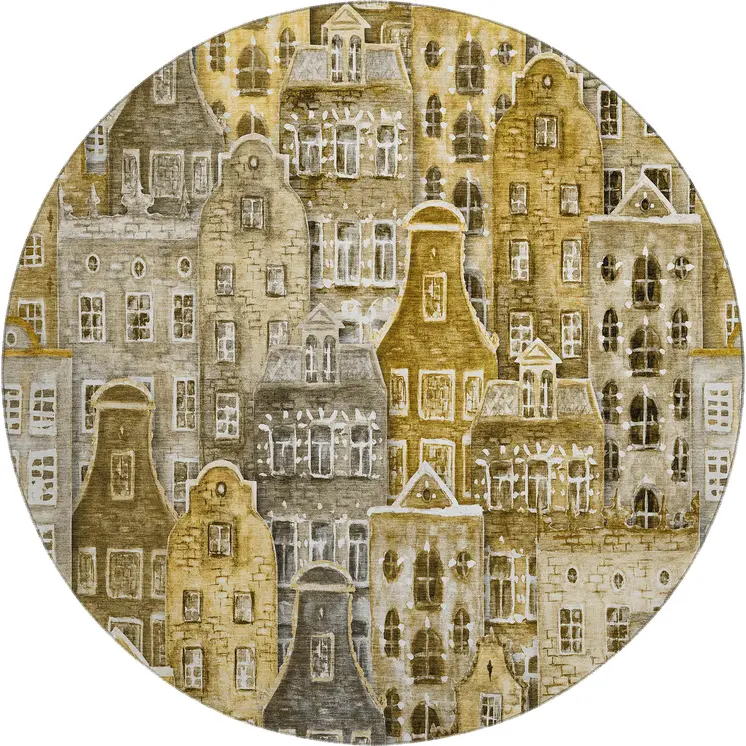 8' Brown Gray And Ivory Abstract Geometric Washable Round Rug With UV Protection
