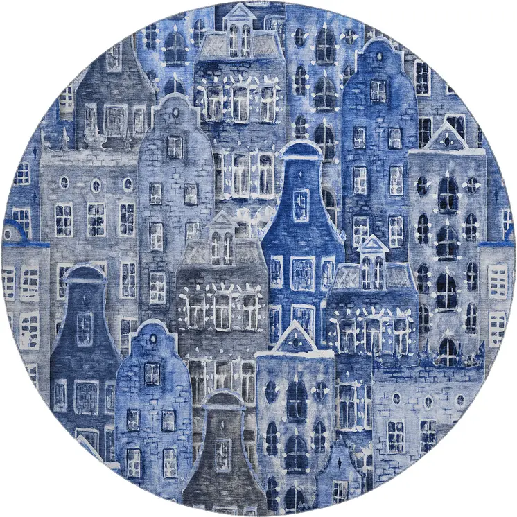 8' Blue Gray And Ivory Abstract Geometric Washable Round Rug With UV Protection