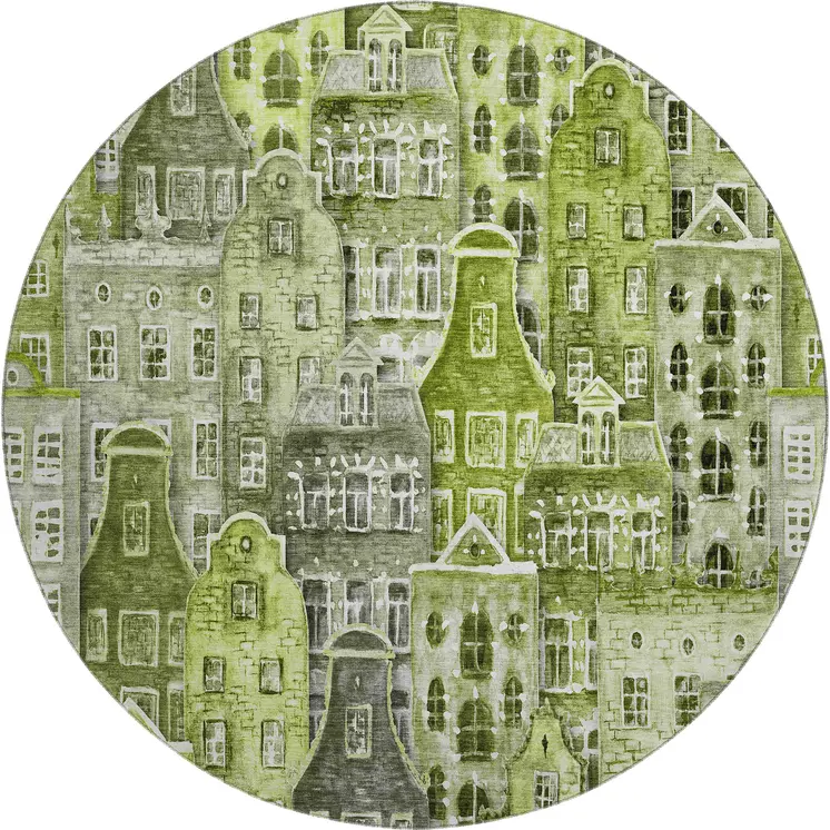 8' Green Gray And Ivory Abstract Geometric Washable Round Rug With UV Protection