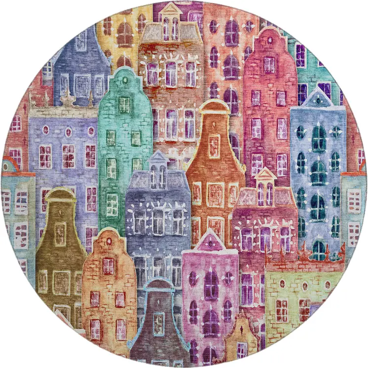 8' Red Blue And Lavender Abstract Geometric Washable Round Rug With UV Protection