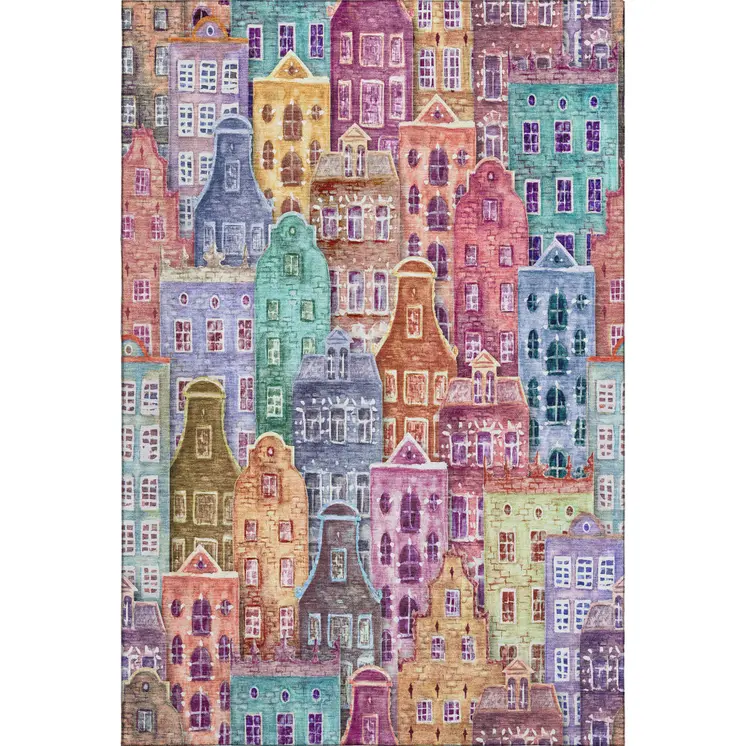 9' X 12' Red Blue And Lavender Abstract Geometric Washable Area Rug With UV Protection