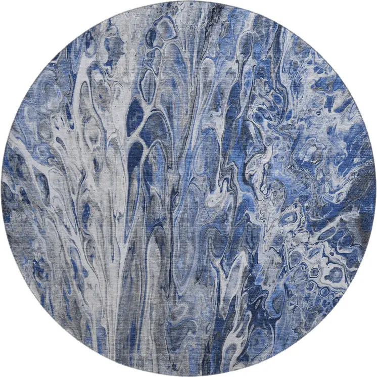8' Blue Gray And Ivory Abstract Washable Round Rug With UV Protection