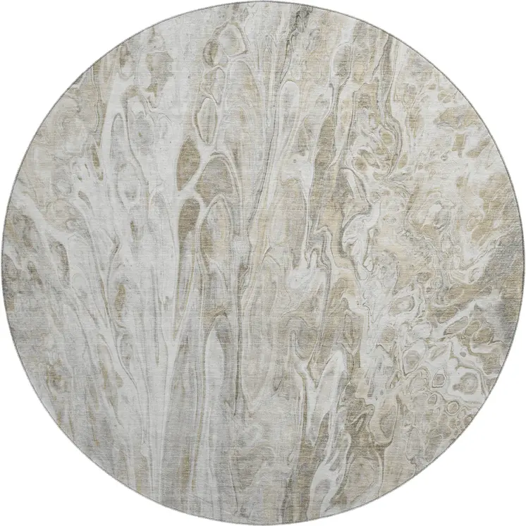 8' Taupe Gray And Ivory Abstract Washable Round Rug With UV Protection
