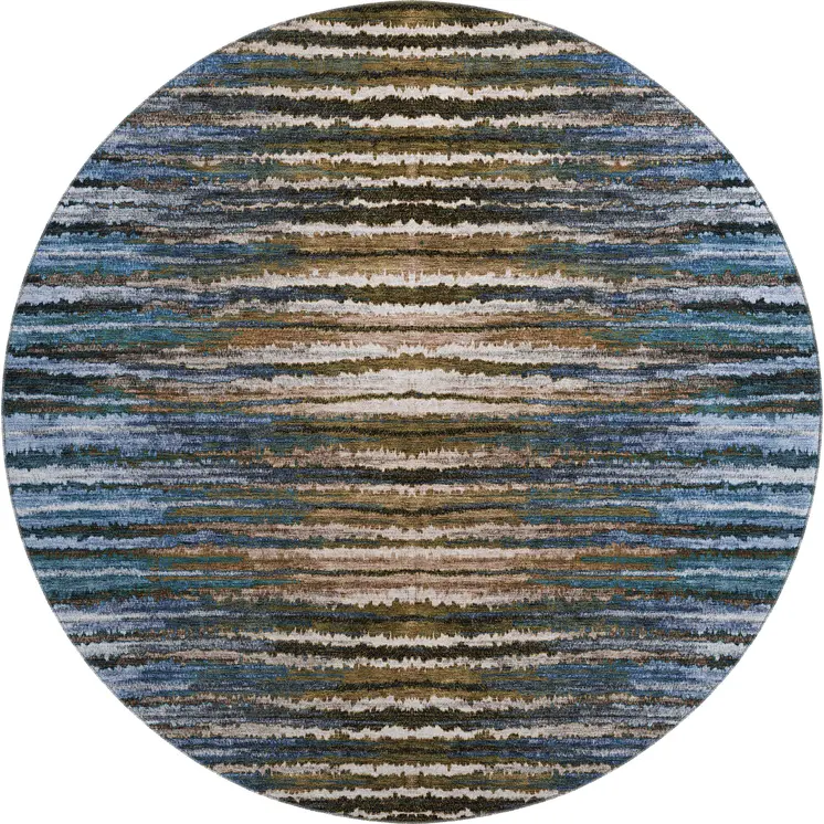 8' Blue Brown And Gray Striped Washable Round Rug With UV Protection
